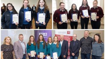 PICTIÚIR: Mic léinn ag miongháire agus iad ag buachan Chomórtas Iriseoirí an Lae Amárach