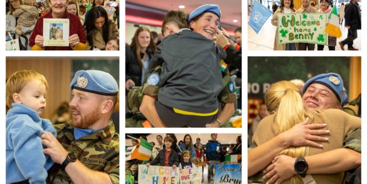 PICTIÚIRÍ: Radharcanna mothúchánacha ag Aerfort Bhaile Átha Cliath agus beagnach 200 Síochánaí Éireannach ag filleadh abhaile