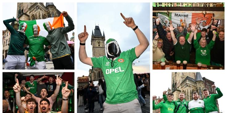 PICTI&Uacute;IR&Iacute;: F&eacute;ach ar na haghaidheanna aitheanta agus lucht lean&uacute;na na h&Eacute;ireann ag teacht go Pr&aacute;g do chluich&iacute; ceannais Chorn an Domhain